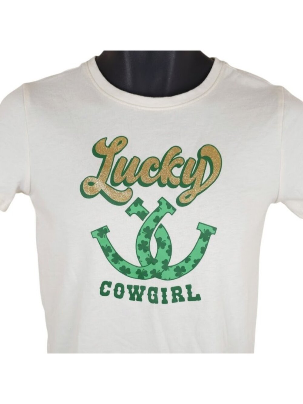 Lucky Cowgirl Crop Top T Shirt Womens Size Small Cream St Patricks Day